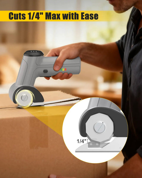 Selumie 2026 New Cordless Electric Scissors, 4V Rechargeable Cardboard Cutter cutting cardboard with ease, grey power tool.