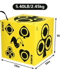 Yellow six sided self healing foam archery target with carry handle and printed target symbols, 13x13 inches, 5.40lb/2.45kg.