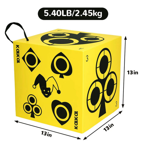 Yellow six sided self healing foam archery target with carry handle and printed target symbols, 13x13 inches, 5.40lb/2.45kg.