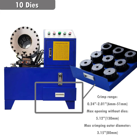 Heavy Duty Electric Hose Crimping Machine And Hydraulic Tube Neck Shrinking Tool With Ten Precision Dies For Rubber Pipe Clamping Press 220V, showing control panel and precision dies.
