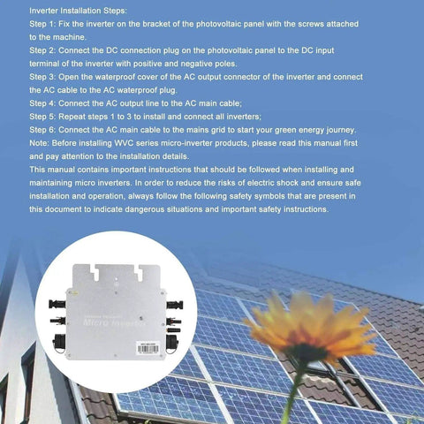 Installation guide for 1600W Micro Grid Tie Inverter With WiFi Waterproof MPPT, featuring steps and illustration of solar setup.