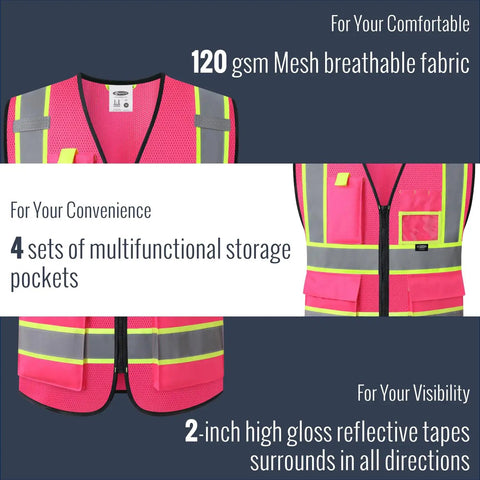 Lit Hi Vis Safety Vest For Men And Women In Hot Pink, Slick Zip Up Front, Built In Utility Pockets, Ultra Breathable Mesh Fabric, And Extra Wide Reflective Strips That Hit Ansi Standards For Xl Fit, showing breathable 120 gsm mesh fabric and multifunctional pockets.