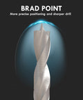 Close-up of a Brad Point Wood Drill Bit Set 29 Pieces With Double Flute HSS Bits For Carpenters Woodworking And All Kinds Of Wood Precision Starter Tips From 1/16 Inch To 1/2 Inch For Clean Accurate Holes Every Time showing double flute design and brad point tip for precision drilling through wood.