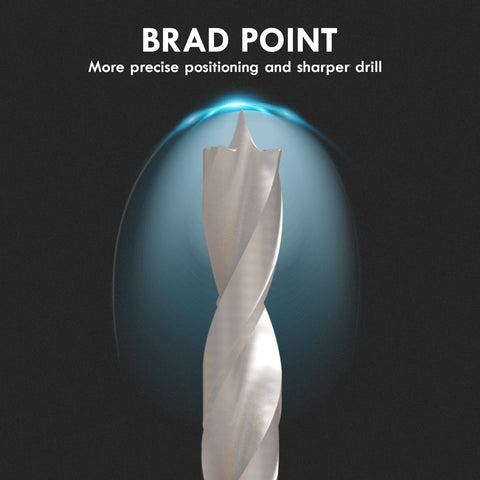 Close-up of a Brad Point Wood Drill Bit Set 29 Pieces With Double Flute HSS Bits For Carpenters Woodworking And All Kinds Of Wood Precision Starter Tips From 1/16 Inch To 1/2 Inch For Clean Accurate Holes Every Time showing double flute design and brad point tip for precision drilling through wood.