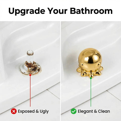 Darn Slick Ceramic Gold Octopus Toilet Bolt Caps Two Pack Snazzy Bathroom Screw Covers transforming rusty bolts to elegant decor.