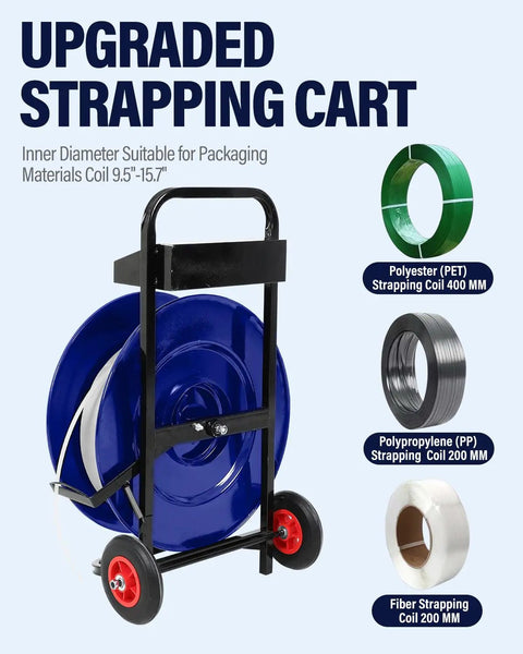 Heavy Duty Strapping Dispenser Cart With Fifty Packing Buckles And Solid Emergency Brake, Welded Steel Pallet Wrapping Trolley built tough for strapping coils.