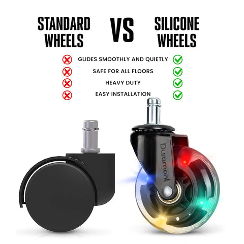 Comparison of standard wheels and silicone wheels for Heavy Duty Office Chair Casters Replacement Wheels for Carpet and Hardwood Floors.