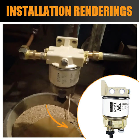R12T Marine Fuel Water Separator Kit for One Quarter NPT Outboard Motors installed on engine, shown with clear nylon bowl.
