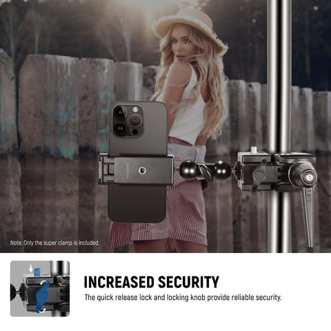 NEEWER super clamp with 5/8-inch stud and spring lock securing a smartphone on a studio mounting arm