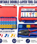 Shop Grade Heat Shrink Butt Connector And T Tap Splice Kit With Heavy Duty Wire Crimper 250 Piece Assorted Terminals 22 To 10 Awg in a portable double-layer tool case.