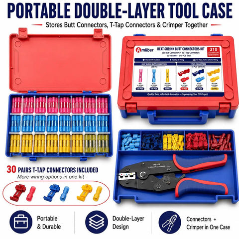 Shop Grade Heat Shrink Butt Connector And T Tap Splice Kit With Heavy Duty Wire Crimper 250 Piece Assorted Terminals 22 To 10 Awg in a portable double-layer tool case.