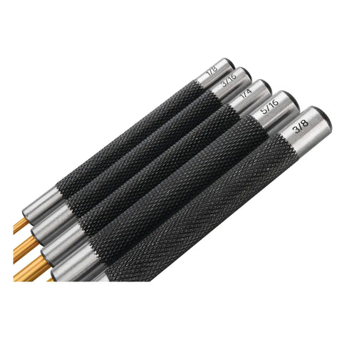 Brass Roll Pin Punch Set with Knurled Steel Handles 8 inch 5 piece showing grippy knurled handles and labeled pin sizes.