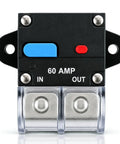 Built Tough 60 Amp Marine Circuit Breaker And Battery Disconnect Switch For Boat Trolling Motors, front view with in and out markings.