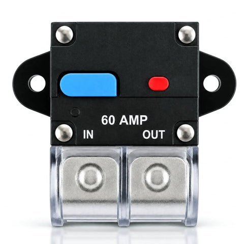 Built Tough 60 Amp Marine Circuit Breaker And Battery Disconnect Switch For Boat Trolling Motors, front view with in and out markings.