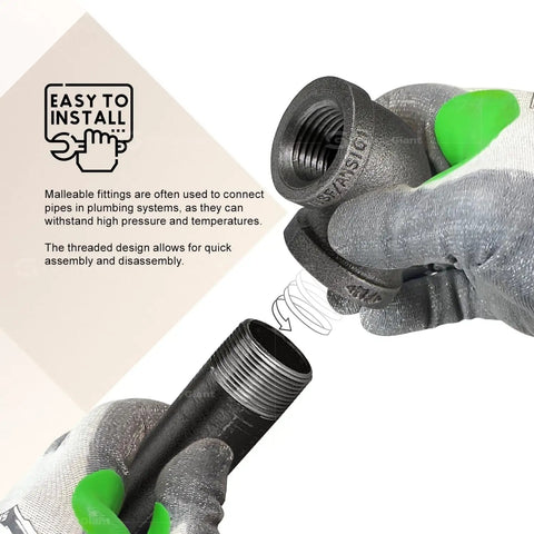 Gloved hands holding 6 Inch 90 Degree Malleable Iron Elbow Fitting With Female Threads Black Finish For High Pressure Systems 150 Lb Rated Rugged Industrial Pipe Connector For Severe Service