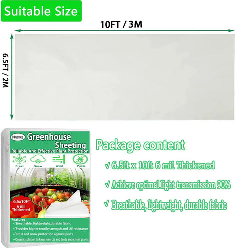 Greenhouse Plastic Sheeting 6 Mil Thick Clear Poly Film For Outdoor Gardens, Waterproof UV Resistant Wind Frost Dust Proof Covering, 6.5 Ft By 10 Ft Durable No Fuss Setup