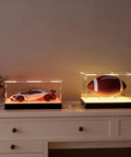Lit Display Case With RGBW LED Lights USB Powered Switch Panel And App Control showcasing scale car model and football on a shelf