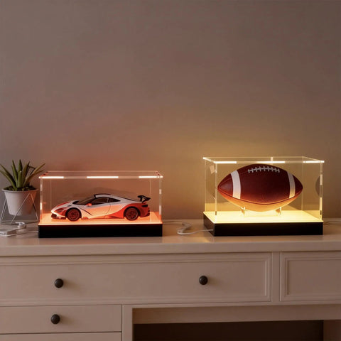 Lit Display Case With RGBW LED Lights USB Powered Switch Panel And App Control showcasing scale car model and football on a shelf