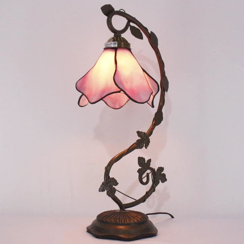 Pink Tiffany Style Stained Glass Table Lamp With Metal Leaf Base, Cozy Desk Reading Light For Small Spaces, 8x10x21 Inch Decor