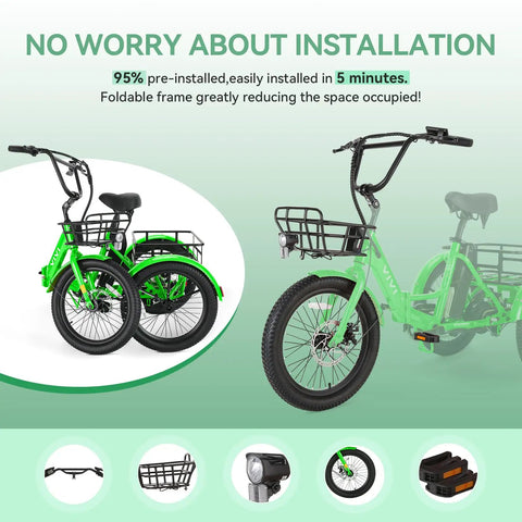 All Terrain Adult Electric Trike With Three Wheels Folding Design 450 Lb Load Up To 40 Miles Of Range At Fifteen Point Five To Nineteen MPH 750W Peak Motor With Removable Battery UL Certified Step Through E Trike For Easy City Cruising, green foldable frame