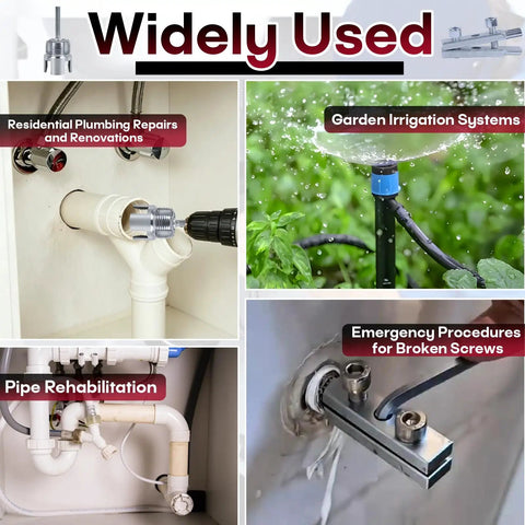 3 Pc Pipe Threading Die Set With Bolt Extractor Tool shown in various uses: plumbing repairs, garden irrigation, and screw procedures.