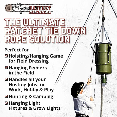 Person hoisting feeder with Beefed-Up Three Eighths Inch Braided Rope Block And Tackle System With Heavy Duty Pulley Hoist, 20 Foot Length.