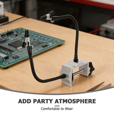 Helping Hands Soldering Table Clamp Dual Arm Third Hand Tool with nonskid vise on workspace near PCB board