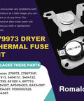 Close-up of Romalon 279973 dryer thermal fuse kit with visible replacement parts list on purple background