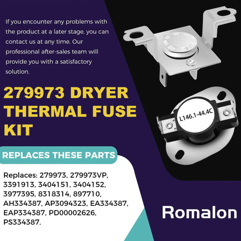 Close-up of Romalon 279973 dryer thermal fuse kit with visible replacement parts list on purple background
