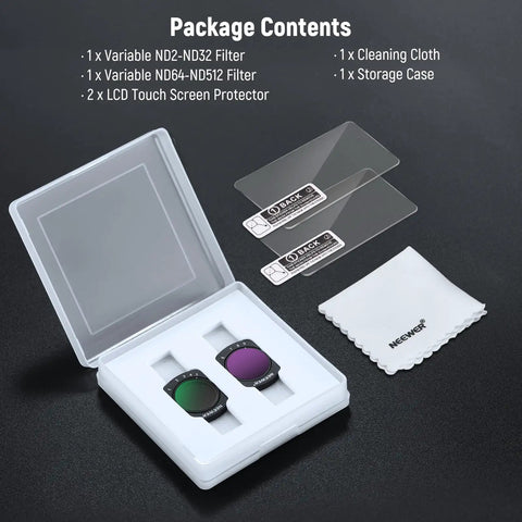 Variable ND Filters 2 To 32 And 64 To 512 Set For DJI Osmo Pocket 3 And Pocket 4 And Xtra Muse Action Cams with screen protectors