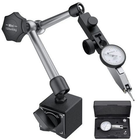 Dial Test Indicator Set With Magnetic Base, 0-0.03 Inch Travel And 0.0005 Inch Precision, 3/8 Inch Clamping Hole, Heavy Duty Magnetic Stand