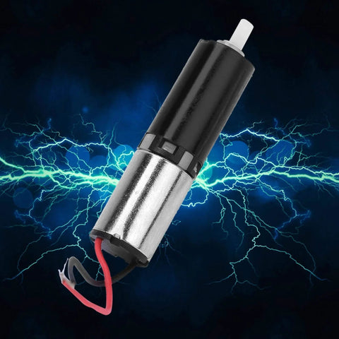 6mm micro planetary reduction DC motor, silver metal body with black end cap and red/black wires (diagonal front view)
