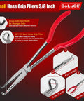 Small hose grip pliers with 3/8 inch serrated jaws, red handles, designed for accessing narrow spaces, shown with bent tip detail.