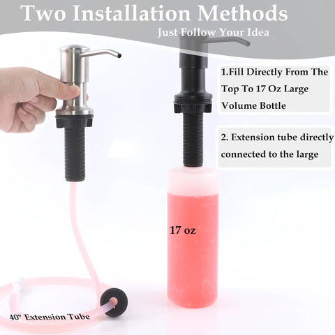 Brushed Nickel Kitchen Sink Soap Dispenser With 47 Inch Extension Tube Kit And 17 Oz Bottle Built In Pump shown with installation methods