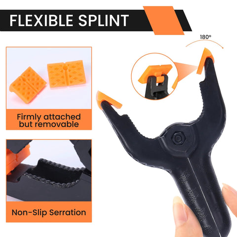 ECY 4.5-inch plastic spring clamp with black body, orange non-slip pads, and removable orange inserts; front view