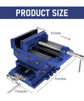 Rock Solid Cross Slide Drill Press Vise Featuring Six Inch Jaw Opening And Smooth Xy Slides For Hassle Free Benchtop Milling Woodworking And Garage Project Builds, showing product size and dimensions.