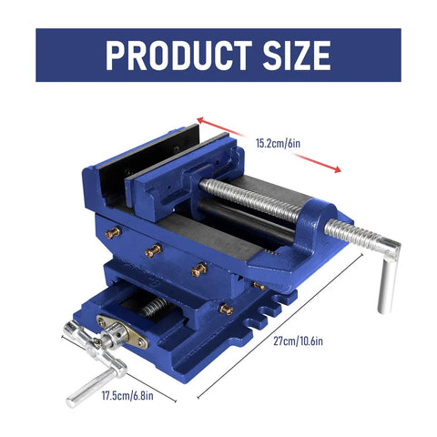 Rock Solid Cross Slide Drill Press Vise Featuring Six Inch Jaw Opening And Smooth Xy Slides For Hassle Free Benchtop Milling Woodworking And Garage Project Builds, showing product size and dimensions.