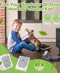 Child with dog near vacuum, promoting 12 Pack Vacuum Bags For Roomba I Series S Series And J Series Fits I3 Plus I4 Plus I5 Plus with dirt disposal