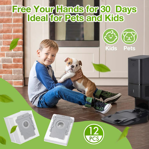 Child with dog next to a vacuum base and 16 Pack Roomba Vacuum Bags For I S And J Series With Killer Dust Filtration, 12-pack shown