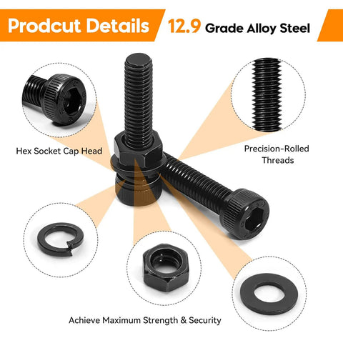 12.9 grade alloy steel hex socket head cap screws with lock and flat washers, part of 1760 Piece Nuts And Bolts Kit With M2 M3 M4 M5 Screws