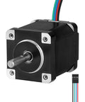Front view of NEMA 14 stepper motor with 4-wire cable, black body, silver mounting tabs.