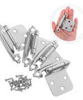 Spring Loaded Self Closing Cabinet Hinges Heavy Duty Iron Beefy 4 Pack with screws, showcased against hand for size reference
