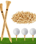Custom Golf Tees Set With Your Name Or Logo, personalized wooden tees arranged with golf balls on grass.