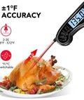 Instant Read Meat Thermometer With Dual Probe 2 In 1 Digital Kitchen Thermometer measuring roast chicken on white plate.