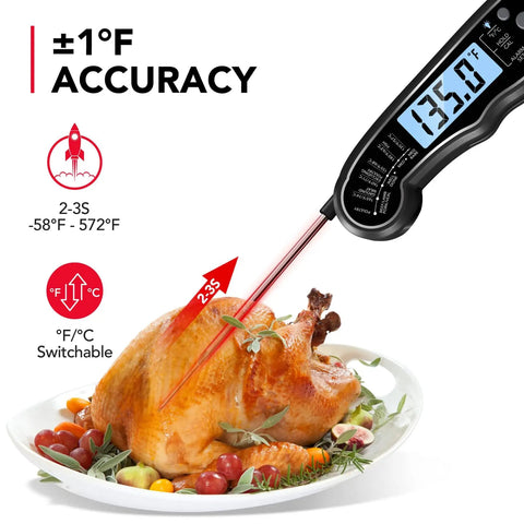 Instant Read Meat Thermometer With Dual Probe 2 In 1 Digital Kitchen Thermometer measuring roast chicken on white plate.