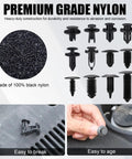Badass Heavy Duty Nylon Push Pin Rivet Fastener Kit With Dope Assortment Of Retainer Clips and Pry Bar Tool For No Sweat Car Trim Dash and Door Panel Upgrades, showcasing black nylon fasteners.