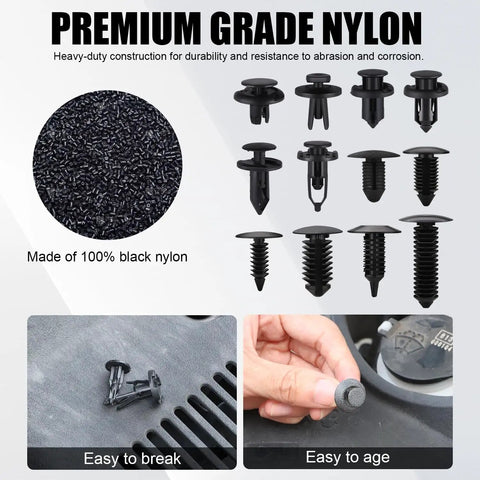Badass Heavy Duty Nylon Push Pin Rivet Fastener Kit With Dope Assortment Of Retainer Clips and Pry Bar Tool For No Sweat Car Trim Dash and Door Panel Upgrades, showcasing black nylon fasteners.