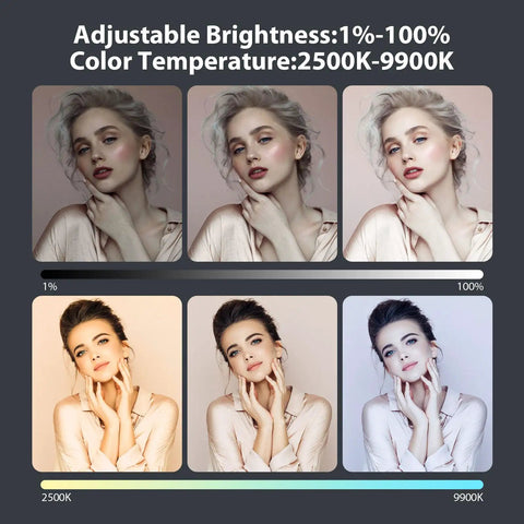 Image showing brightness and color temperature effects of Rechargeable 4000mAh Mountable Bicolor LED Video Light With Mini Panel For DSLR Cameras and Smartphones.
