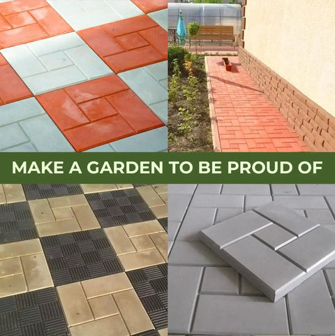 Various garden paths and walkways made using 4 Piece Concrete Molds Set For DIY Patio Pavers And Labyrinth Pathmaker Slab Stones.