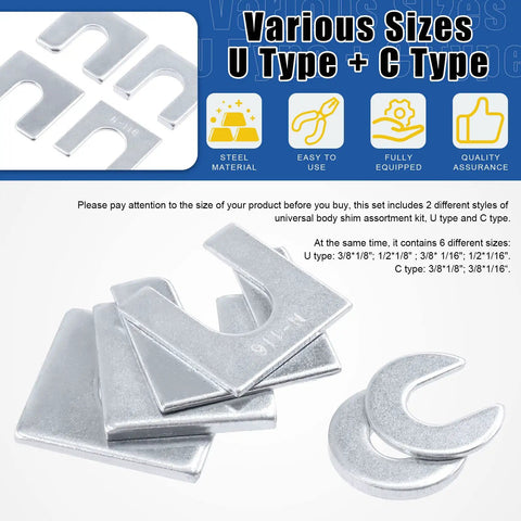 152 Piece Universal Body Shim Kit For Auto Alignment Three Eighths Inch And One Half Inch Shims C Type And U Type Assortment